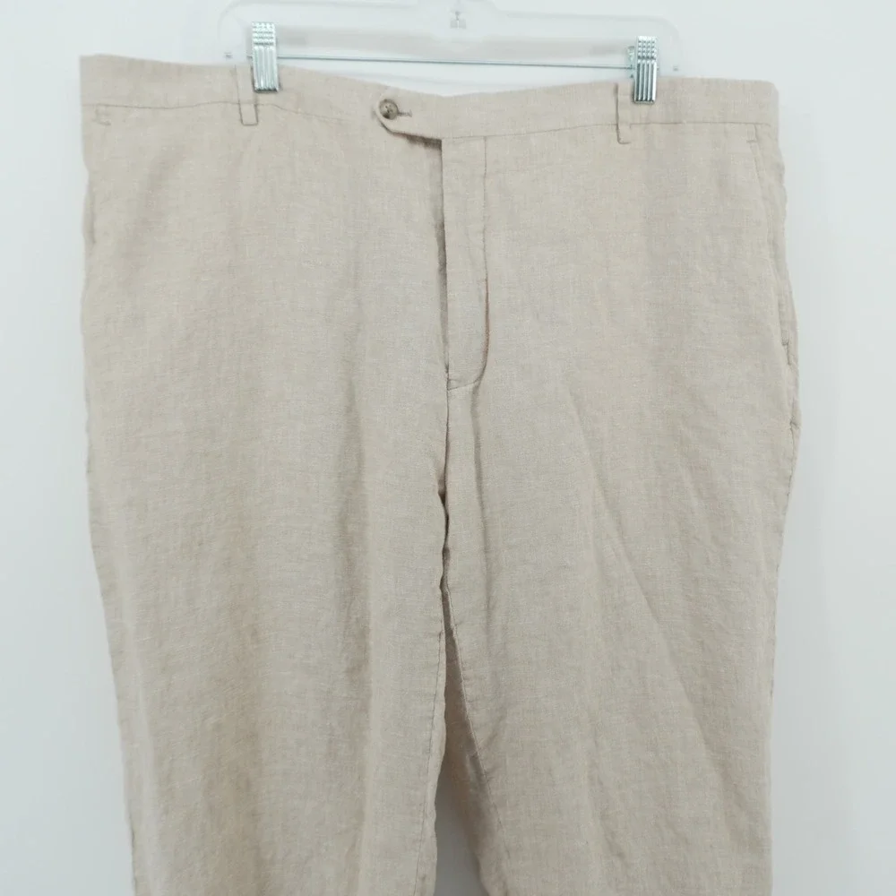 Jos A Bank Pants Mens 42L Beige 100% Linen 1905 Custom Made Flat Front Trousers